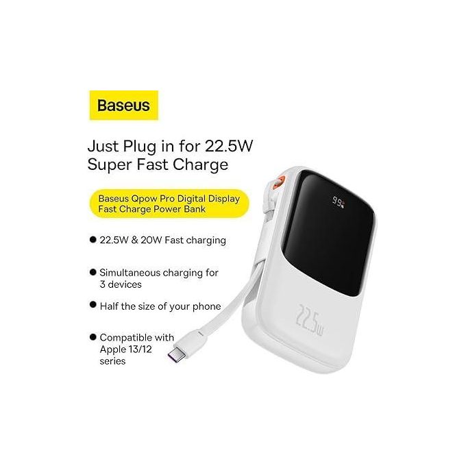 Baseus Qpow Pro 10000mAh Fast Charging Power Bank with Digital Display – 22.5W Type-C Edition, Includes Simple Type-C 3A Cable (0.3m) – White — product view 3