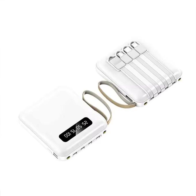 Compact Digital Power Bank - 20000 mAh Battery Charger with Four Charging Cables - White