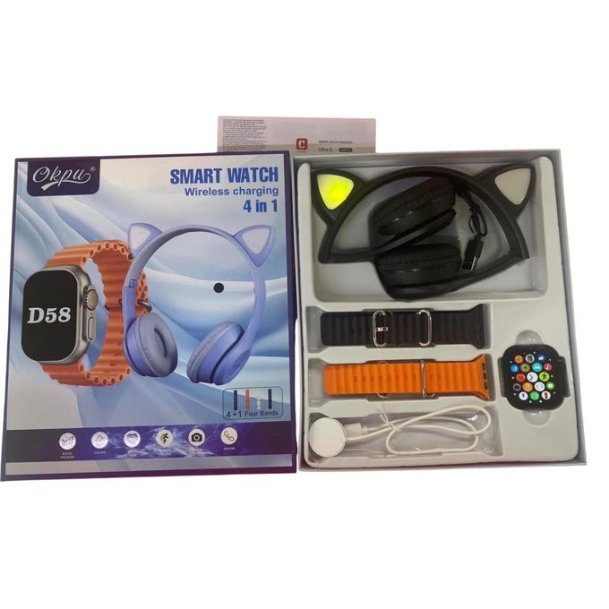 D58 4-in-1 Smart Watch Combo with Wireless Charging and Cat Ear Headphones