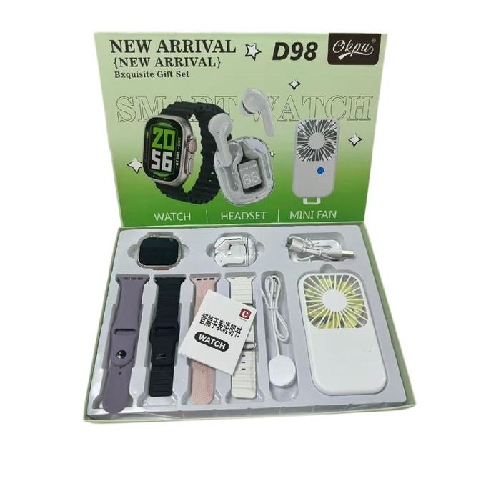 D98 Smartwatch Gift Set with Wireless Earbuds and Mini Fan – Includes Multi-Strap