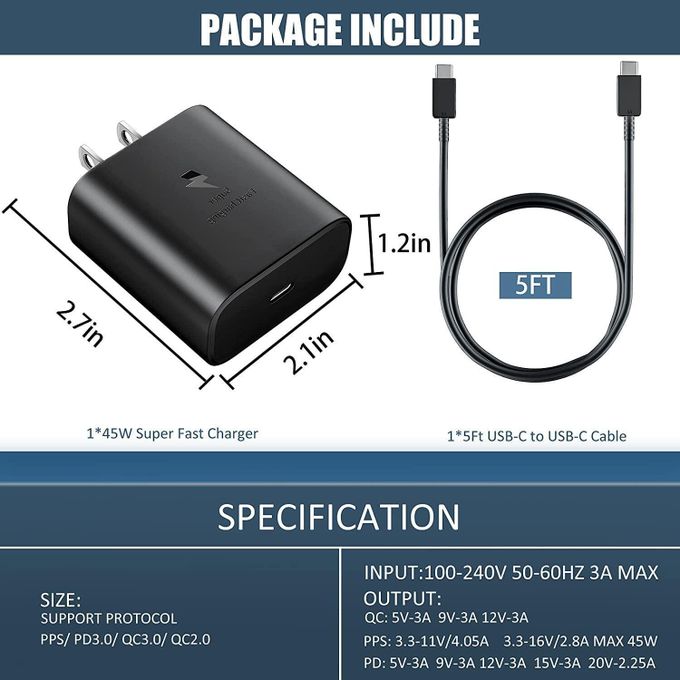Samsung 2PIN 45W Fast Charger – Quick Charging Solution
