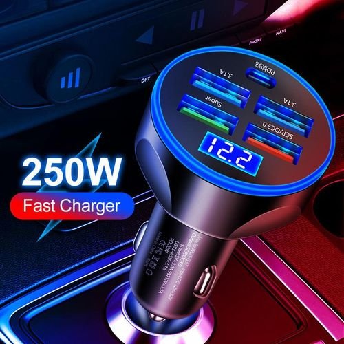 250w 5 In 1 Usb Car Charger Type C Pd 12v Cigar Jack Fast Charging Adapter For 12 Pro Max 14 Plus 13