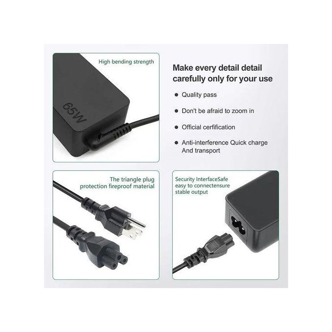 Lenovo 65W USB Type C Fast Charger with Complimentary AC Power Cord – Black