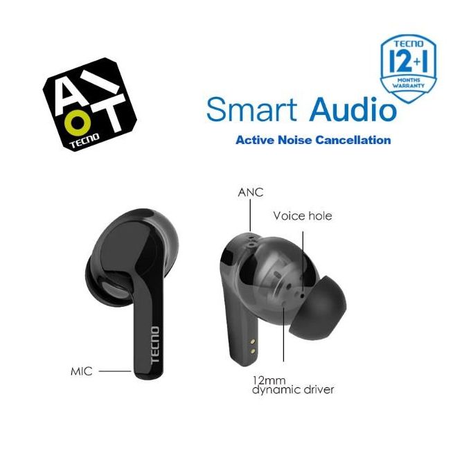 TECNO HiPods 3 – True Wireless Stereo Earbuds with Enhanced Active Noise Cancellation and IPX4 Rating, Featuring Touch Control and Bluetooth 5.0 – Black, Includes 13-Month Warranty