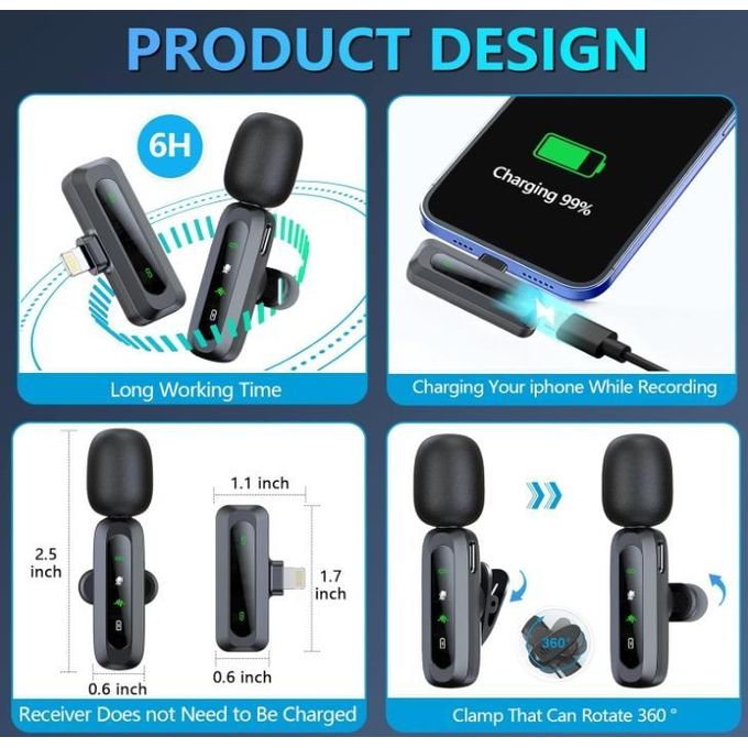 Wireless Lavalier Microphone for iPhone & Type-C with iOS Adapter, Professional Mini Clip-On Mic for Video Recording