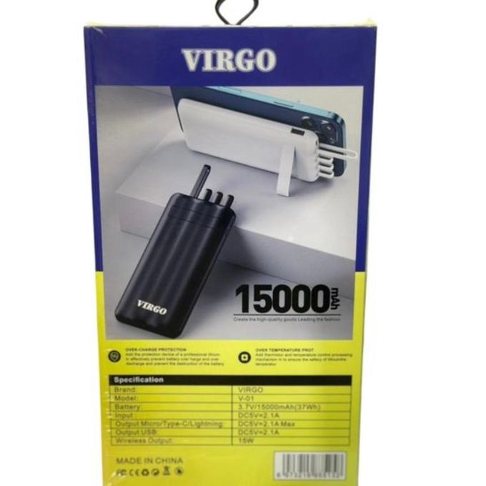 Virgo 15000mAh High-Capacity Fast Charge Power Bank with Dual USB and Wireless Charging – Black with LED Indicator