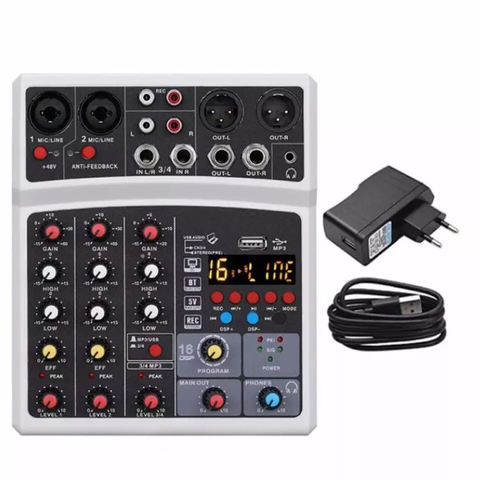 Black Portable 6-Channel Bluetooth Audio Mixer with Integrated Sound Card for PC