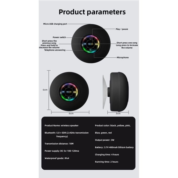 Waterproof Bluetooth Speaker with Large Suction Cup and Light
