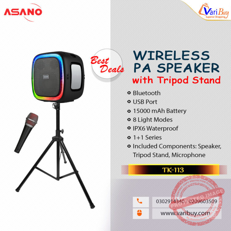 Asano 100W Bluetooth Portable PA Speaker with Tripod Stand, Wireless Microphone, 15000 mAh Rechargeable Battery, USB Port, Aux Input, Party Light, and IPX6 Waterproof Rating… — product view 3