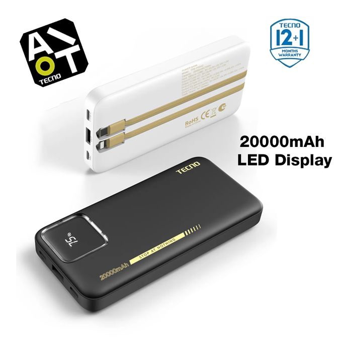 TECNO 20000mAh Power Bank (TPB-204Q) - White with LED Display, Featuring 2 Built-in Cables and 3 Ports