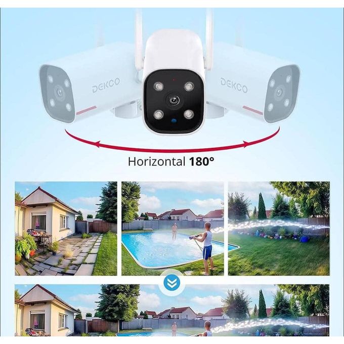DEKCO T02-DC4L Outdoor Security Camera – 2K Pan and 180° Rotating Wired WiFi Home Security Camera with Two-Way Audio – White