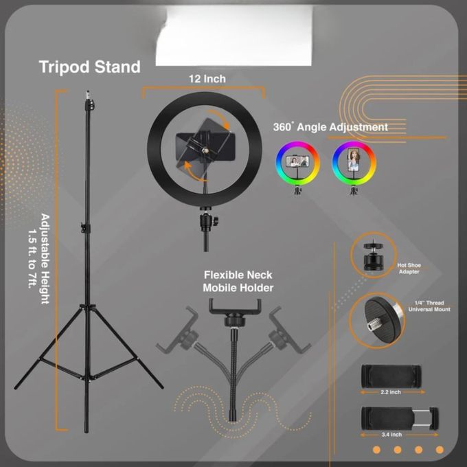10-Inch MJ26CM RGB LED Ring Light with Tripod Stand and Phone Holder – Black