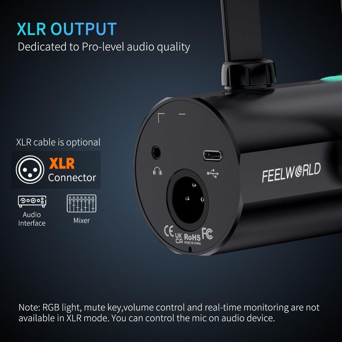 Feelworld PM1 AS XLR USB Dynamic Microphone for Podcasting with Boom Arm Stand – Black