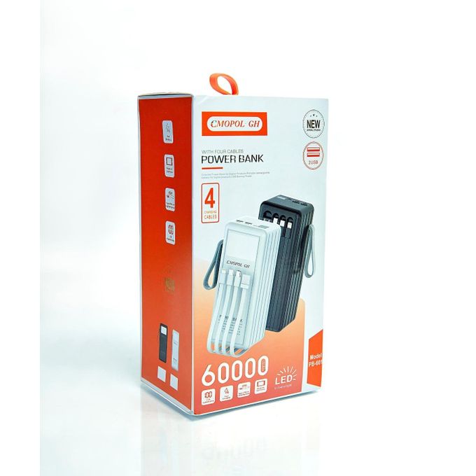 60000 mAh High-Capacity Power Bank with 4 Integrated Charging Cables - Black