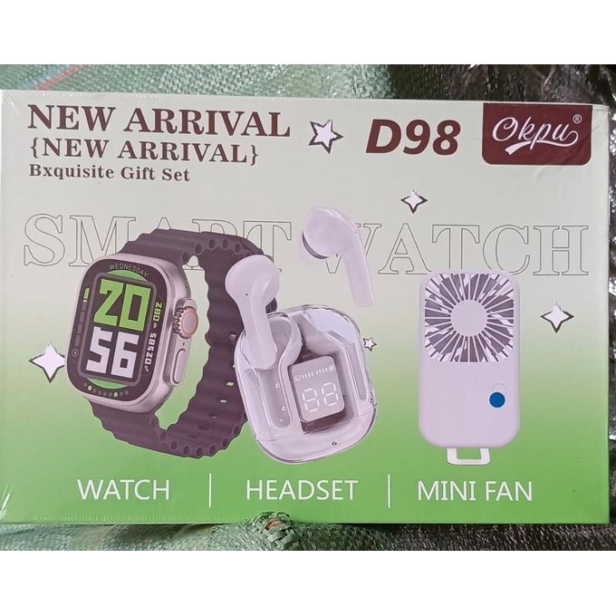 D98 Smartwatch Gift Set with Wireless Earbuds and Mini Fan – Includes Multi-Strap