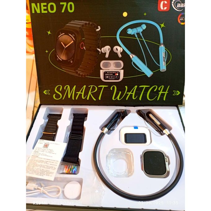 Neo 70 8-in-1 Smart Watch Bundle with Neck Bluetooth Earphones, In-Ear Bluetooth Earphones, and Silicone Case