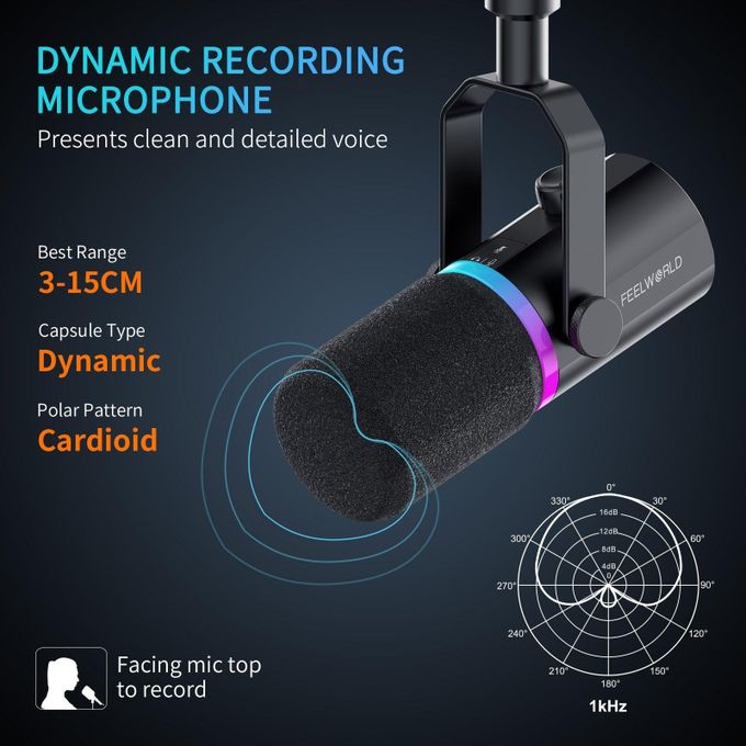 Feelworld PM1 AS XLR USB Dynamic Microphone for Podcasting with Boom Arm Stand – Black