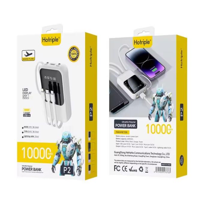 P2 - 10,000 mAh LED Display Power Bank with Fast Charging and Built-in Charging Cable - Black/White