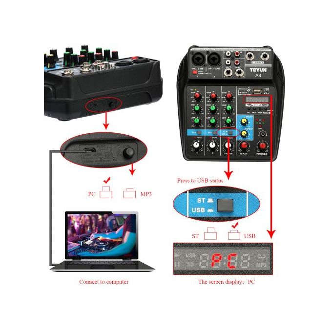 TE Professional 4-Channel Studio Audio Mixing Console with USB Ports – Black