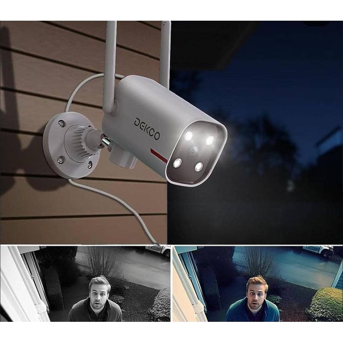 DEKCO T02-DC4L Outdoor Security Camera – 2K Pan and 180° Rotating Wired WiFi Home Security Camera with Two-Way Audio – White