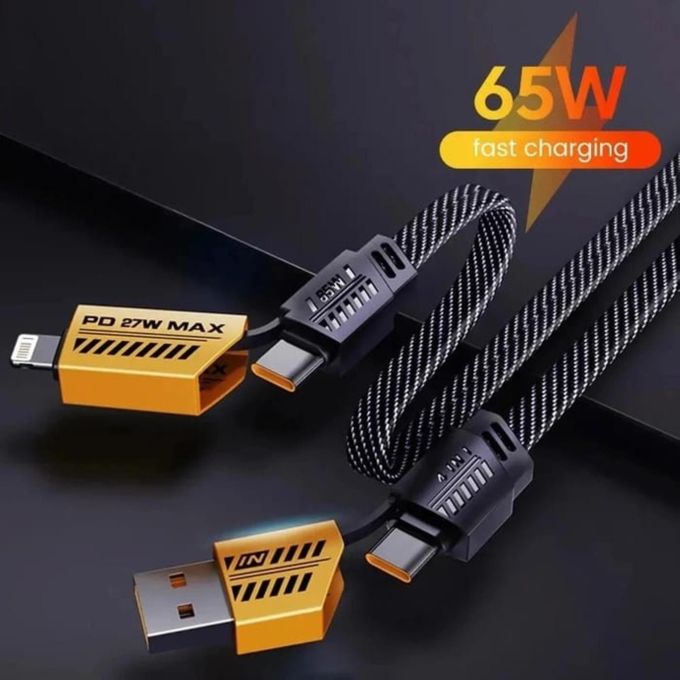4-in-1 Multi-Function Data Cable, Super Fast Charging, Dual Type-C, 65W, Braided Nylon, PD27W – BLACK/YELLOW — product view 3