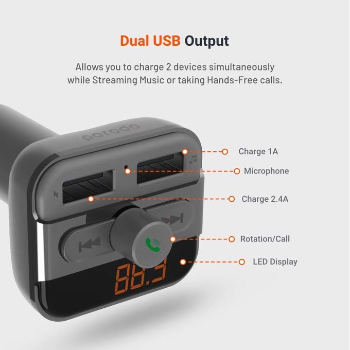 Porodo Black Wireless FM Transmitter with 3.4A Hands-Free Capability in kumasi