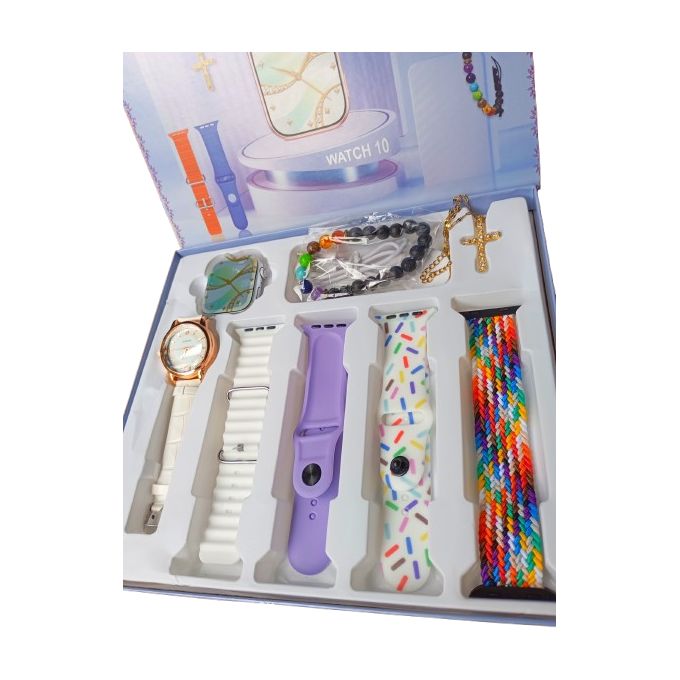 I-520 Mini Smart Watch 10, Bangle, Smart Watch, Analog Wristwatch, Gold Necklace, Beaded Bracelet, Strap - WHITE