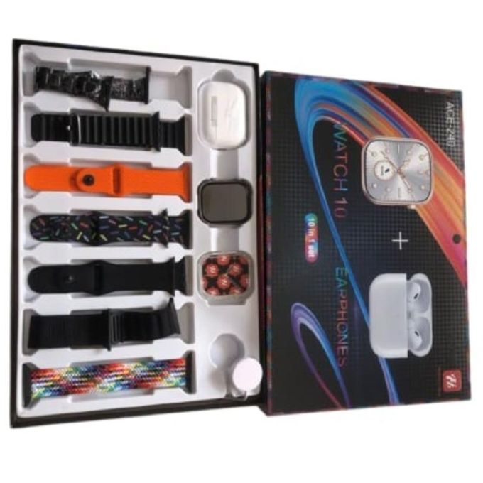 Black Smart Watch with Ear Pods and Seven Straps