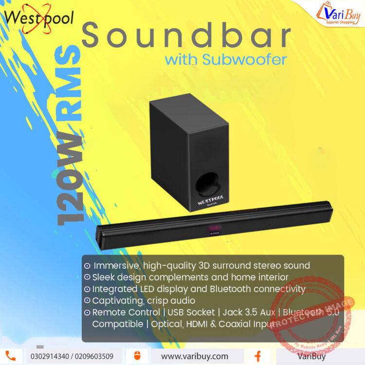 Westpool 120W RMS 2.1 Channel Soundbar with Subwoofer | LED Display and Bluetooth [WP-9100]