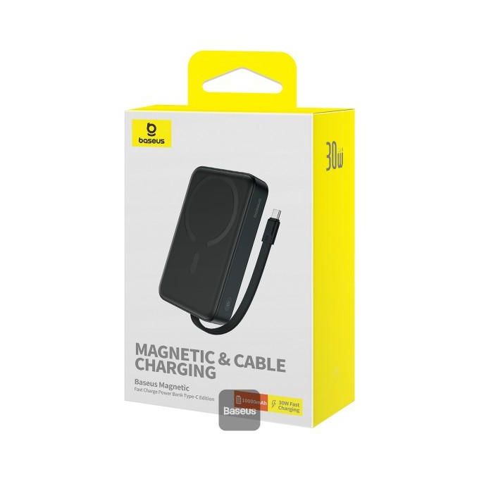 Baseus 10,000mAh Magnetic Mini Wireless Fast Charging Power Bank 30W with Integrated Type-C Cable (Input and Output) - Black