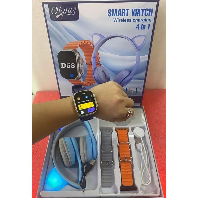 D58 4-in-1 Smart Watch Combo with Wireless Charging and Cat Ear Headphones