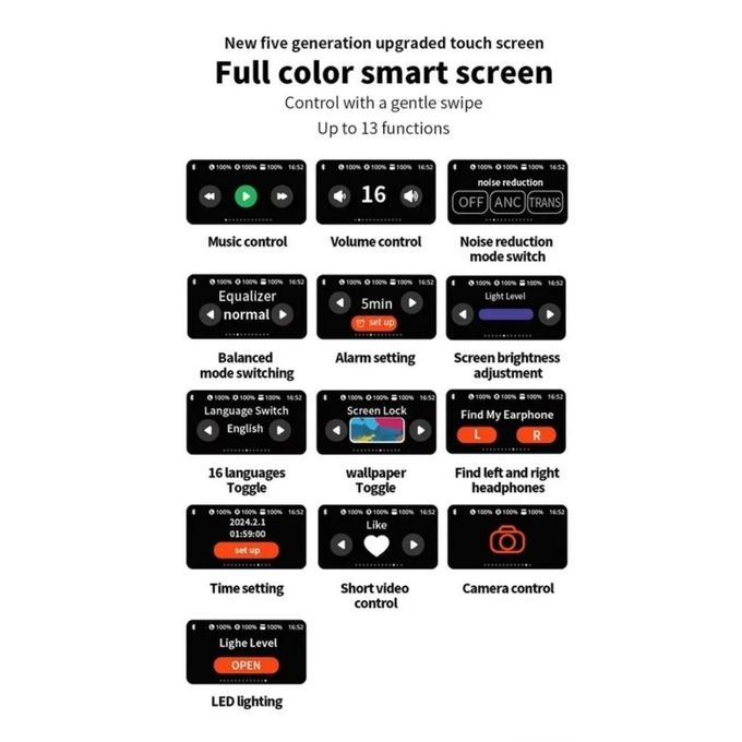 Wireless Bluetooth A9PRO In-Ear Smart Headphones with Screen, Featuring Active Noise Cancellation (ANC), Environmental Noise Cancellation (ENC) for Calls, and Bluetooth 5.4 in…