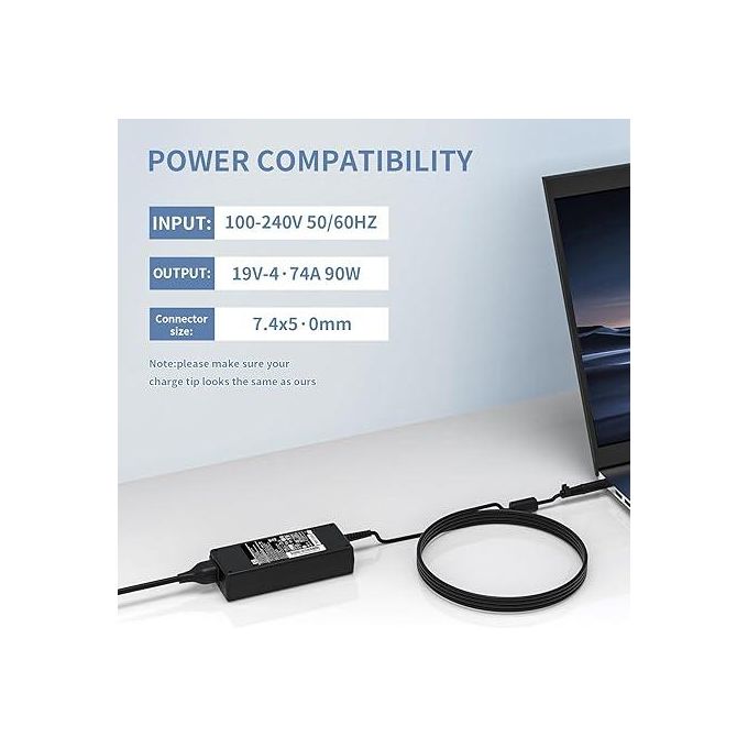 90W Laptop Power Adapter for EliteBook, ProBook, Compaq Presario, Pavilion (7.4×5.0mm Connector) – Black