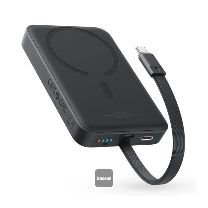 Baseus 10,000mAh Magnetic Mini Wireless Fast Charging Power Bank 30W with Integrated Type-C Cable (Input and Output) – Black