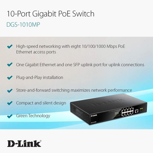 D-Link Unmanaged POE Switch with 10 Ports, 10/100/1000 BASE-T and 1G Uplink