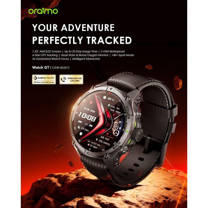 Oraimo GT Smart Watch 1.43" AMOLED Display, 3ATM Waterproof, GPS with 2 Interchangeable Straps