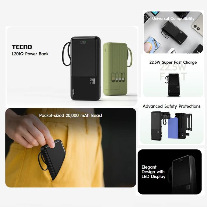TECNO 20000mAh Power Bank (L201Q-Black) – Green LED Display with 4 Built-in Cables and 4 Ports