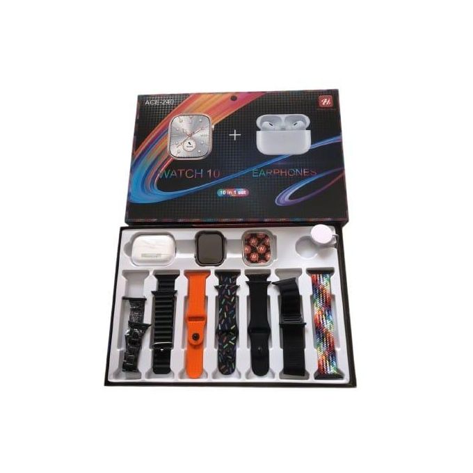 Black Smart Watch with Ear Pods and Seven Straps