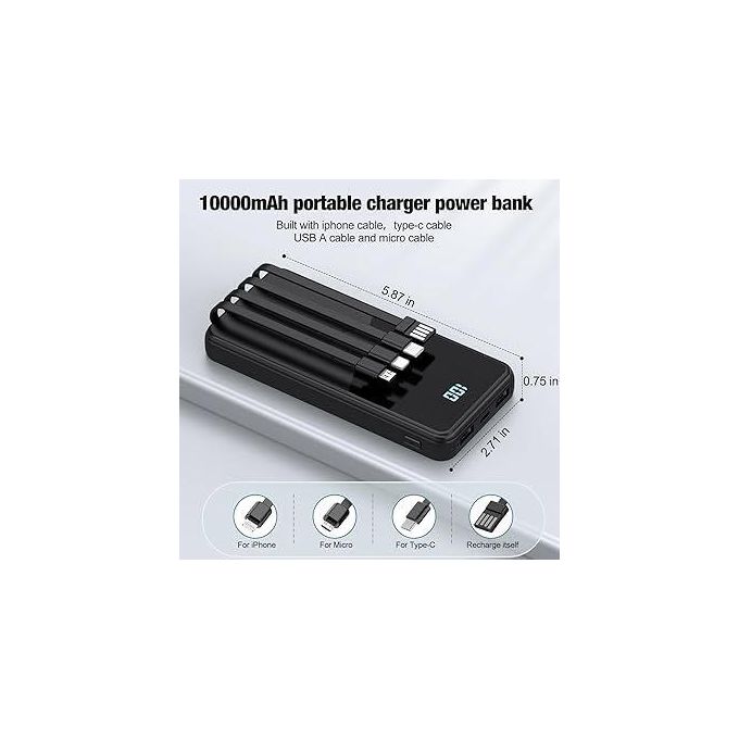 4-in-1 Ultra-Slim 20000mAh (74Wh) Portable Power Bank with Integrated USB, Type-C, Micro-USB, and Lightning Cables, Dual Input (Micro USB & Type-C), LED Display, Fast Charging -…