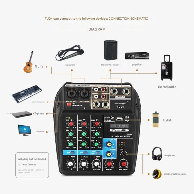 Compact 4-Channel Bluetooth Sound Card Mixer for Professional Stage and Live Broadcast – USB Mini Mixer