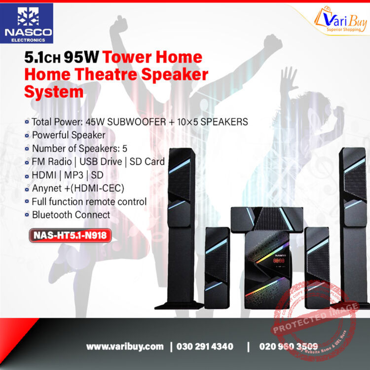 Nasco 95W Bluetooth 5.1 Channel Home Theater Speaker System with Subwoofer | FM Radio, USB, MP3, SD Card, Remote Control [NAS-HT5.1-N918]