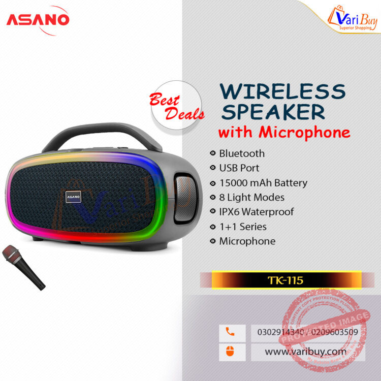 Asano 100W Portable Outdoor Wireless Party Speaker with Cordless Microphone | 15000 mAh Rechargeable Battery, USB Port, Aux-in, Party Lights, IPX6 Waterproof [TK-115]