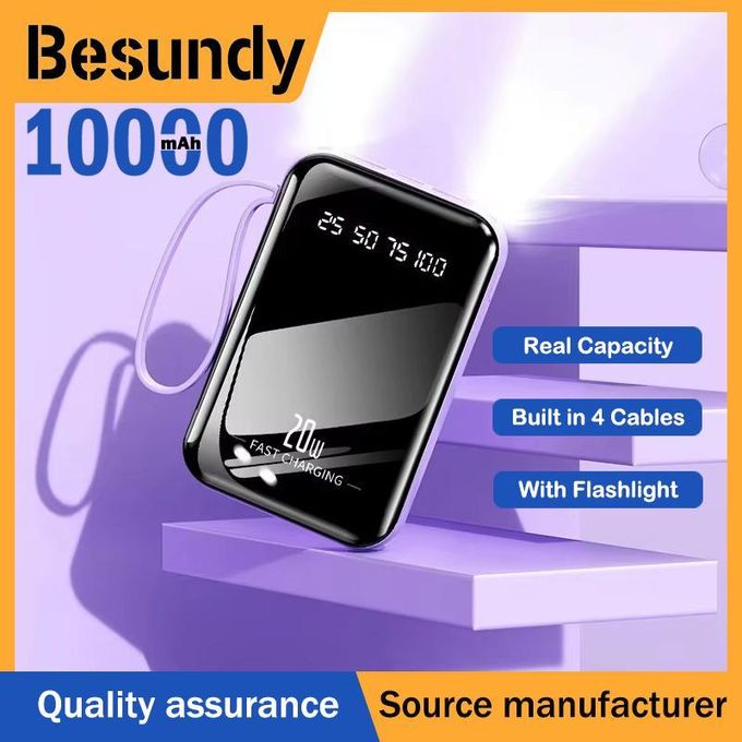 10000mAh Portable Power Bank with Built-in 4 Charging Cables and Flashlight – 2A Fast Charge