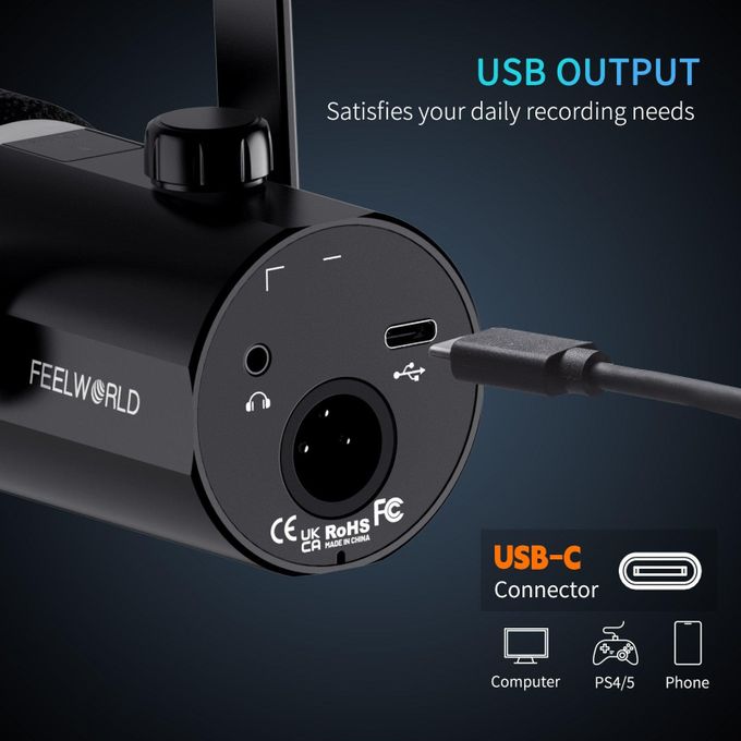 Feelworld PM1 AS XLR USB Dynamic Microphone for Podcasting with Boom Arm Stand – Black