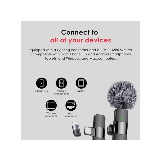 Dual Type-C Wireless Lapel Microphone for iPhone and Android + iOS + Windshield Adapter