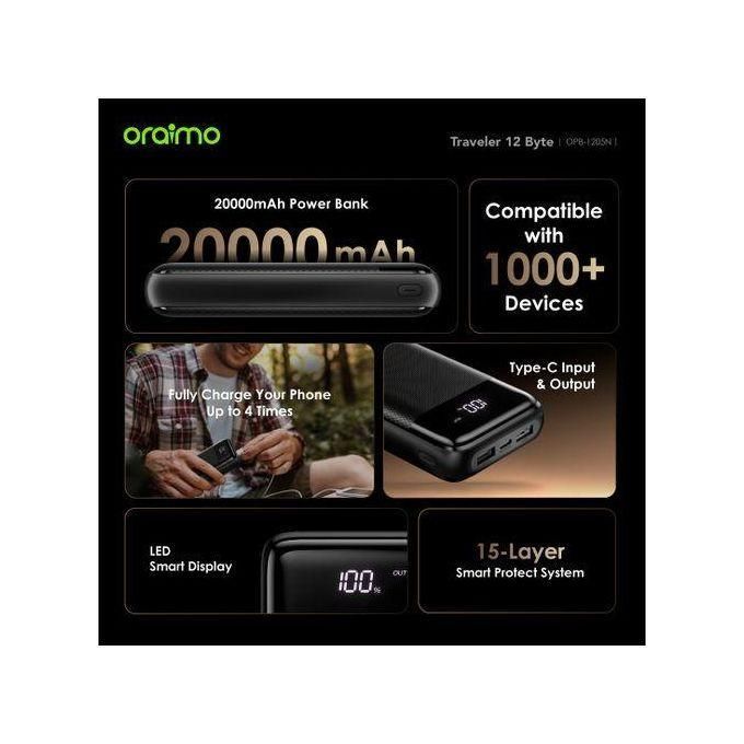 Oraimo 12 Byte 20,000mAh Power Bank with Large Power Display and 12W Fast Charging – Black