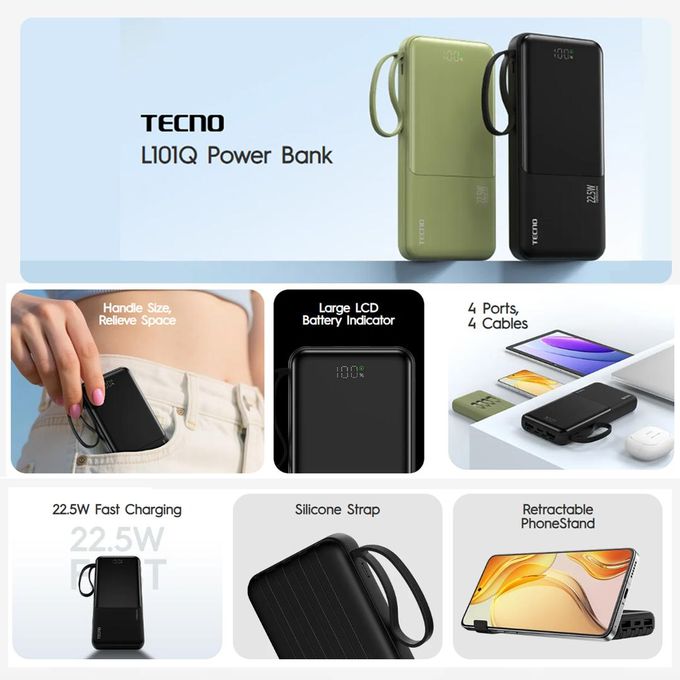 TECNO L101Q Power Bank – Midnight Black – Includes Phone Stand – 4 Built-in Cables & 4 Ports