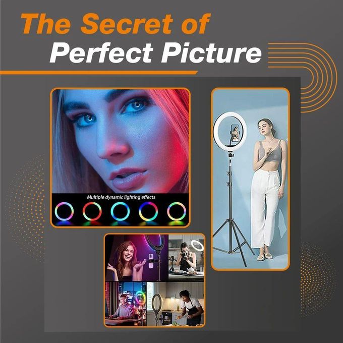 10-Inch MJ26CM RGB LED Ring Light with Tripod Stand and Phone Holder – Black