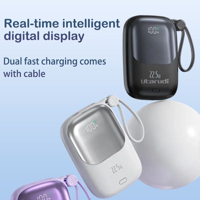 Compact 22.5W Portable Power Bank with Dual Cables and Digital Screen