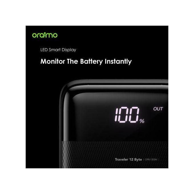 Oraimo 20000mAh Fast Charging Power Bank with Large Power Display – 12W Portable Charger for Travelers – Black